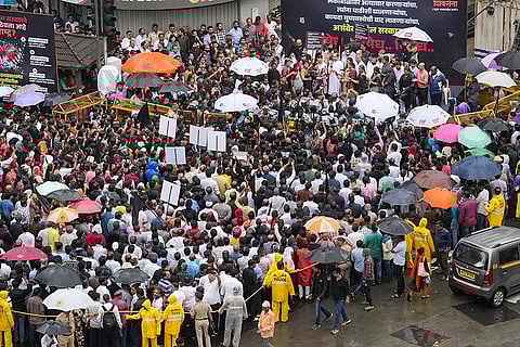 Badlapur sexual assault case: Uddhav Thackeray with others during a protest in Mumbai